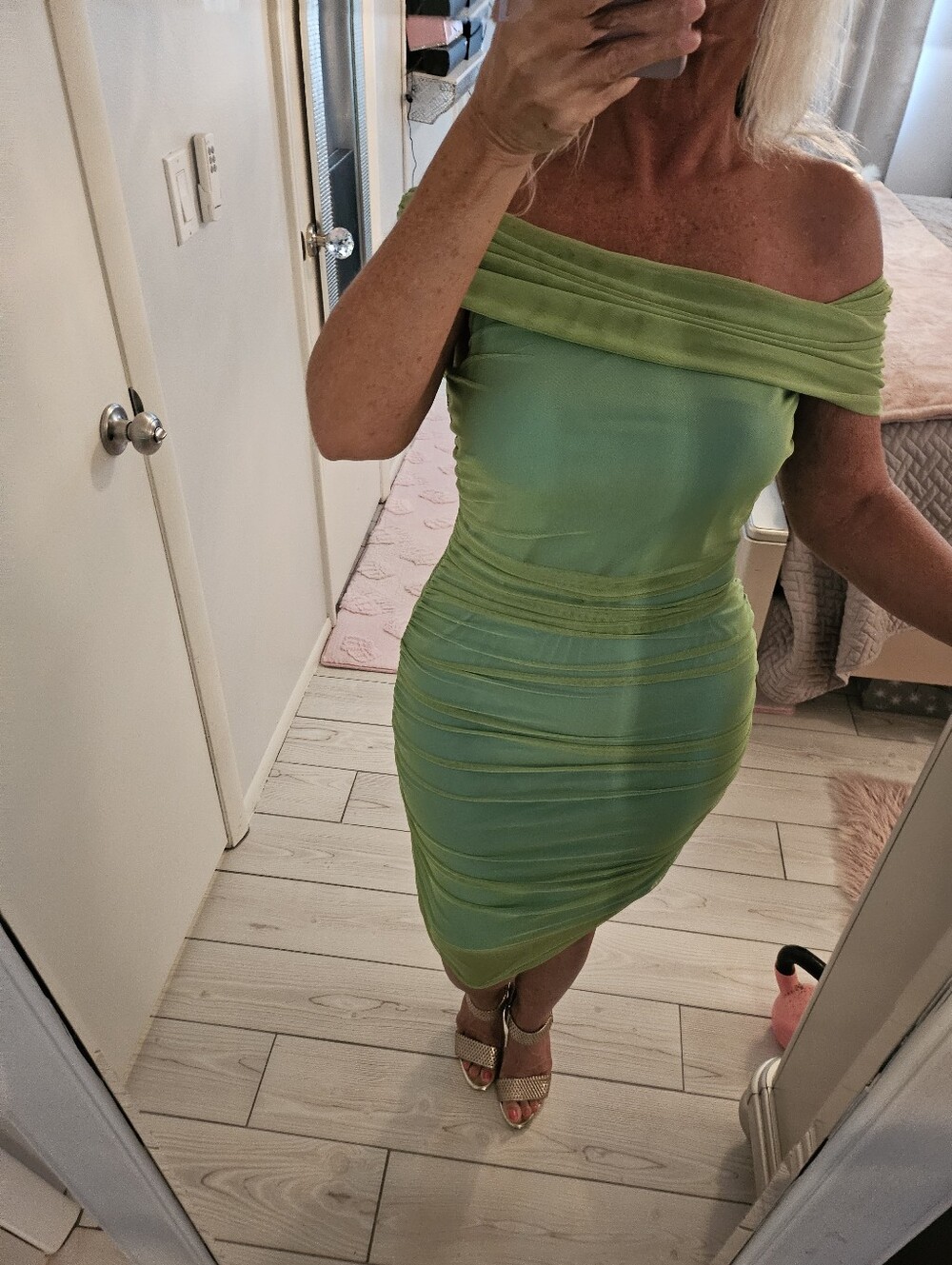 bebe Off-the-Shoulders Draped Chiffon Dress in Light Green